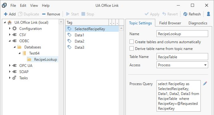 ODBC Connector topic with recipe tags