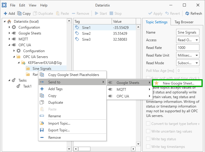 Sending OPC UA data to a new Google Sheet