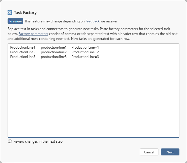 Task Factory parameters in Dataristix